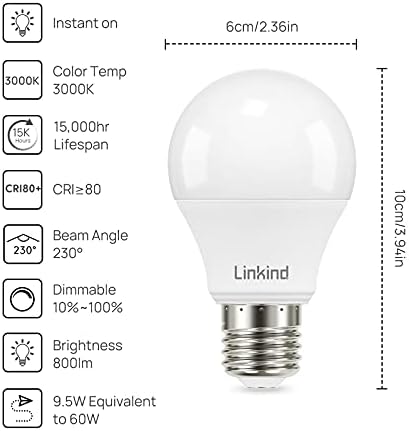 Pacote de Linkind: 2 itens A19 60W equivalente 5000k Luz do dia não minúsculas e A19 60W equivalente a 3000k Bulbos brancos quentes