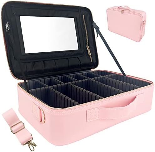 Tulpockp grande saco de organizador de maquiagem com espelho e divisores ajustáveis, bolsa de viagem portátil de 16