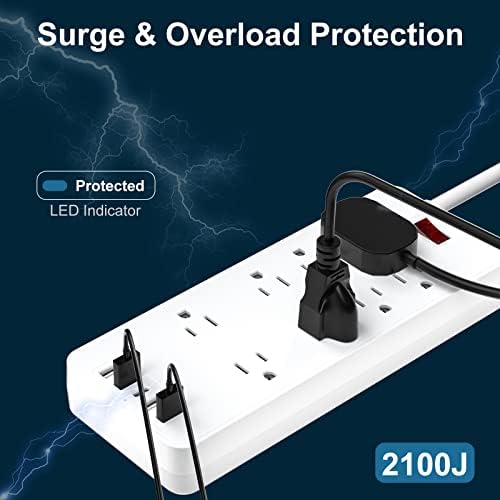 Power Strip, Surge Protector com 8 pontos de venda e 4 portas USB e 1 porta Tipo -C, 1400 Joules, plugue plano angular,