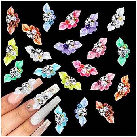 Charmos de pregos de 20pcs para unhas de acrílico, encantos de forma de flor 3D para unhas jóias, diamantes de cristal