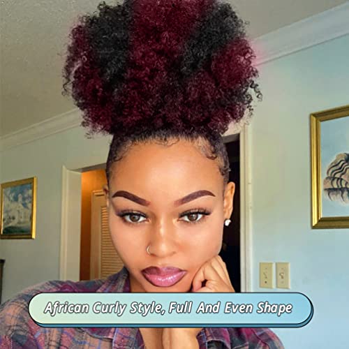 Isweet Afro Puff Drawstring Ponytail, Curly Afro Bun Extensions Black Synthetic To Bergondy Hair, peças de cabelo curtas afro