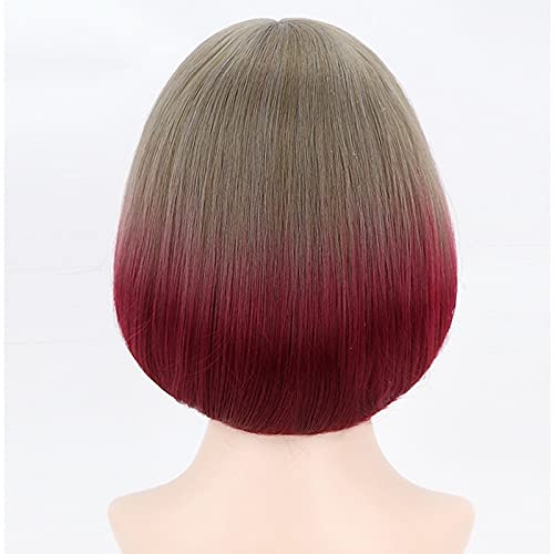 N/A Mix sintético Mix cinza Ombre Red Ombre curto Bob peruca com franjas naturais perucas para mulheres de alta temperatura 12 polegadas