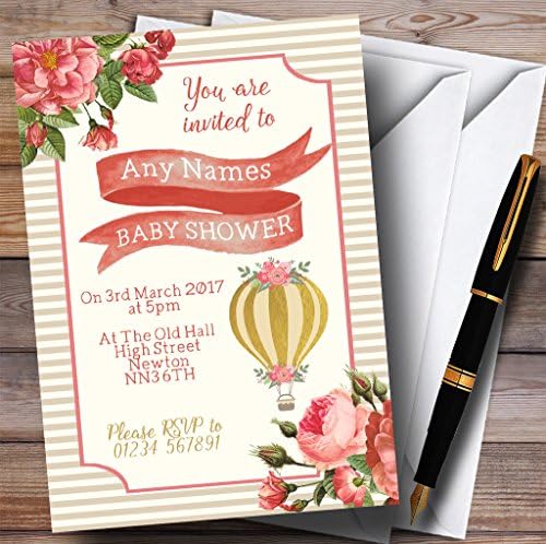 Convites de balão de ar quente de ouro de ouro floral convites para chá de bebê