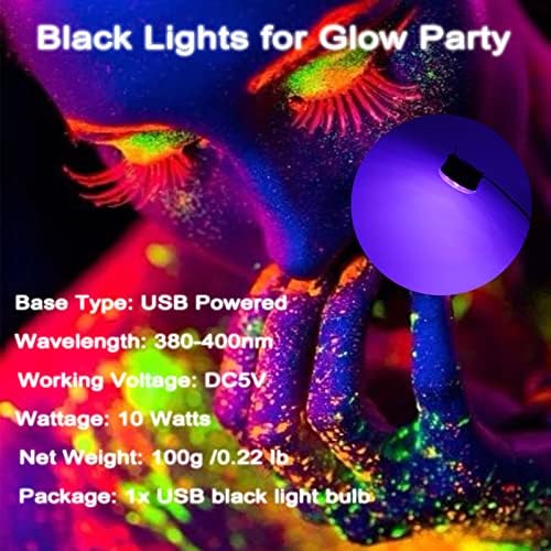 Lâmpada de lâmpada preta portátil UV - lâmpada 10W USB ER100 Blacklight, UVA Nível 380-400nm, LEDs hangáveis ​​LED Blacklights Bulbs