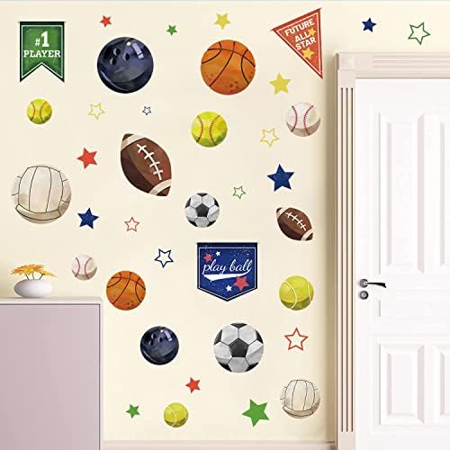 SUPZONE Sport Balls adesivos de parede Bands esportivos de garotos Decalques de parede Decalques de parede de basquete colorido