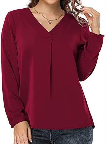 Tops de outono para mulheres trabalham casual suéter de algodão em V Tops de manga comprida blusa de camiseta de cor