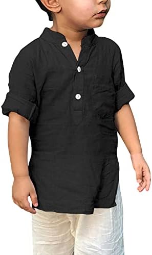 Camisa de linho de garotos para crianças crianças Henley Hipster de manga comprida Button Up Spring Summer Loose Fit Solid