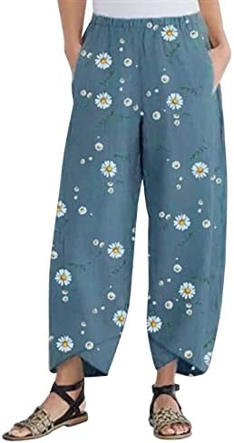 Calças de linho de algodão casual de verão para mulheres calças largas de perna larga Pontas longas com bolsos confortáveis
