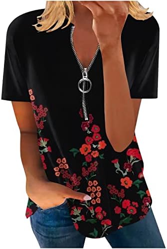 Lcepcy Womens Floral Print V pescoço de manga curta túnica tops casuais bloco de cor solto camisa solta com zíper