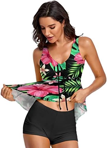 Modest Tankini Swimsuits para mulheres Tampa de tanque de banho floral de dois peças com tampa de estampa floral com roupas de