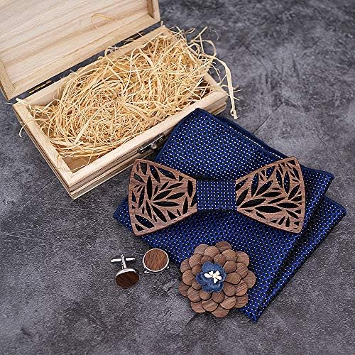 Conjunto de presentes de gravata borboleta de madeira para homens - Arco -arco de madeira natural com lenço quadrado, corsage