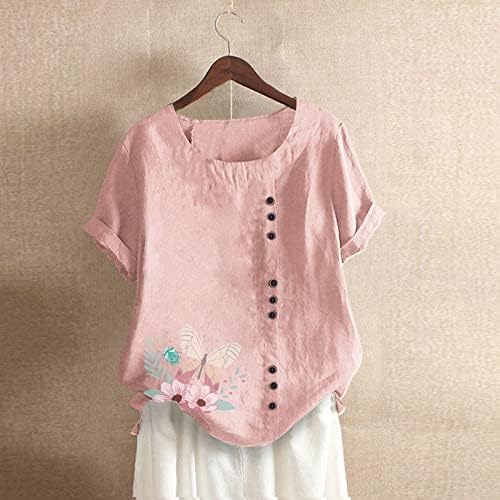 Senhoras manga curta Crew linen linen algodão borboleta floral Blush Blouse Tshirt para meninas adolescentes 8V
