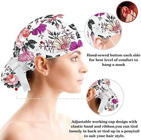 Preguiça de cor de tampa de trabalho ajustável com flores com flores com chapéu de limpeza com botões com cabelo arco arco