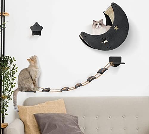 Prateleiras de parede de gato, mobiliário de parede de gato moderno com 1 passo e 1 ponte de escalada degrau, prateleira