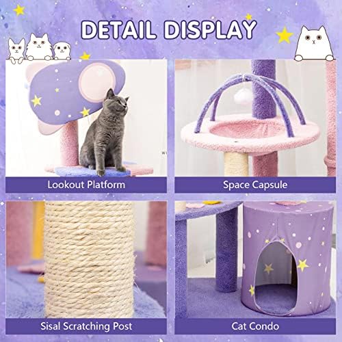Lucky Monet 56 polegadas Torre de árvore de gatos para gatos internos, um condomínio de gato de gato de gato de gato púrpura e rosa