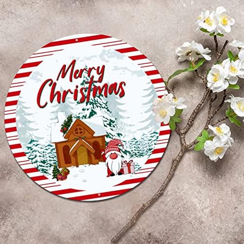 Sinal de metal redondo, Feliz Natal Neve e Gnomos Christmas Wreath Sign Poster de metal Placa de porta de parede engraçada Placa