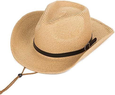 Einskey Unissex Straw Cowboy Chapéu de cowgirl, chapéu de sol de sol formato amplo Birm Fedora Panamá para homens e mulheres