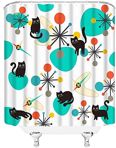 Curta de chuveiro moderno Curta de chuveiro preto gato retro atômico Starbursts abstrato de polca geométrico de laranja teal abstrato