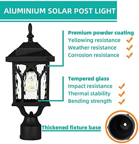 Lâmpada solar de zinnze Post Light Outdoor ao ar livre ， Solar Outdoor Post Light com Base de montagem de 3,5 polegadas de píer ， preto