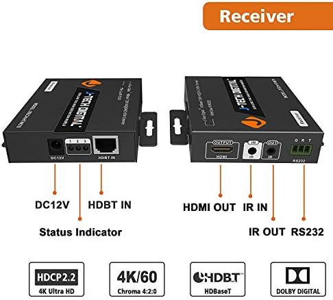 J-Tech Digital HDBASET 4K@60HZ HDMI Extender 4K@60Hz 4: 2: 0, CATO DE CABO DE ÚNICO até 230 pés@1080p/131ft@4k, Suporte HDCP2.2,