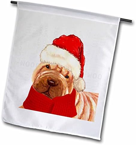 3drose fofo shar pei cão de Natal em um chapéu de elfo e lenço de Natal de inverno - bandeiras