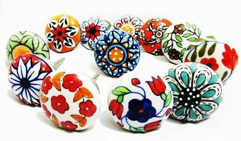 Conjunto ATCUSA de 12 botões de cerâmica de várias flores em trabalho ofegante de mão múltipla - puxões decorativos