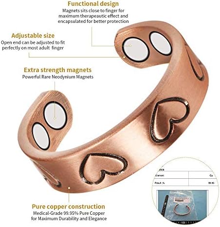 Energia da saúde Anéis de cobre puro para mulheres 99,9% de anéis de cobre puro ~ Anel de cobre saudável ajustável para artrite