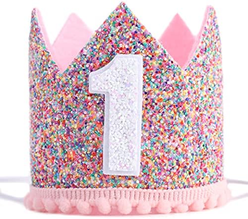 Rainbow Crown para festa de aniversário do 1º aniversário- Coroa de aniversário de glitter, chapéus de aniversário para