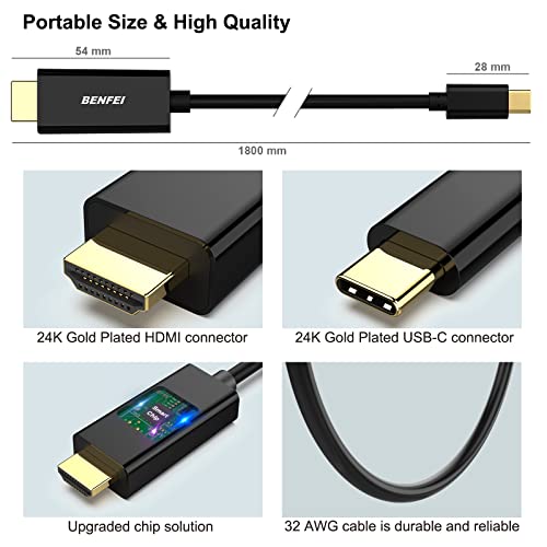 Benfei USB C a cabo HDMI, cabo USB tipo C para HDMI 6 pés de cabo [Thunderbolt 3 Compatível] Para MacBook Pro 2018/2017, MacBook Air/iPad