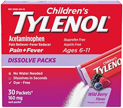 Pacotes de pó de dissolução infantil de Tylenol com 160 mg de acetaminofeno, baga selvagem, 30 ct