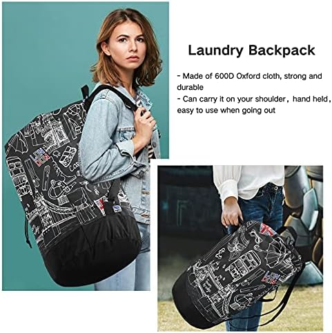 London Fashion Laundry Bag Mackpack de lavanderia pesada com alças e alças de ombro Viagem Bolsa de roupa com tração de tração Dirty