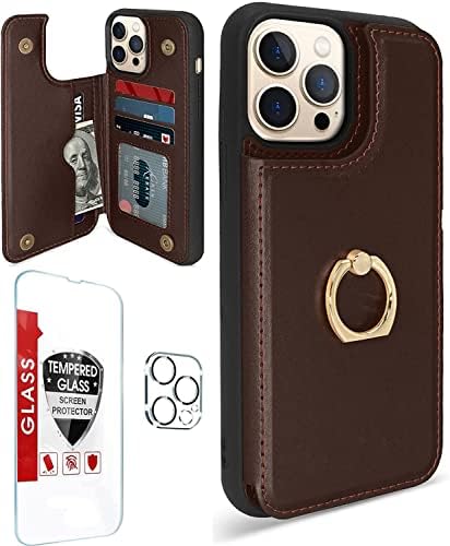 【???? ???】 [3 em 1] iPhone 13 Pro Max Wallet Case com suporte para cartão, [protetor de tela de vidro temperado + protetor de