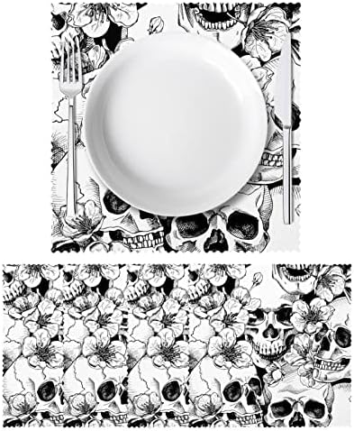 Placemats para mesa de jantar, tapetes de mesa laváveis ​​Conjunto de 4, Cabeças de Cabeças Black Flor Branca