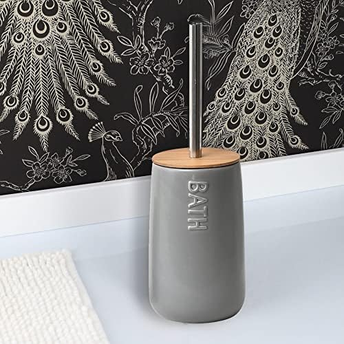 Banho D Dolomita redonda escova de vaso sanitário e suporte de bambu cinza-bambu