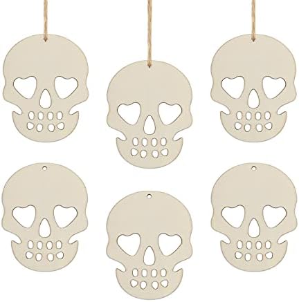 Criaides 20pcs Halloween Skull Wood Crafts Diy Cutouts Greios em forma de madeira Ornamentos pendurados com tags de