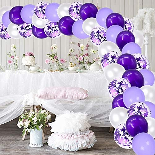 Balões de látex de confetes roxos brancos, balão de festa de hélio de 50pcs de 12 polegadas com fita roxa de 33 pés para aniversário,