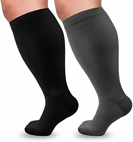 Pacote Sioautt 2 meias de compressão de plus size para homens de 20 a 30 mmHg, meias de joelho de bezerro extra larga