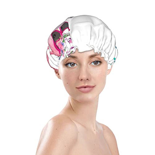Capace de chuveiro estampado de flamingo, chapéu de banho de camadas duplas para mulheres tampas de banho à prova d'água