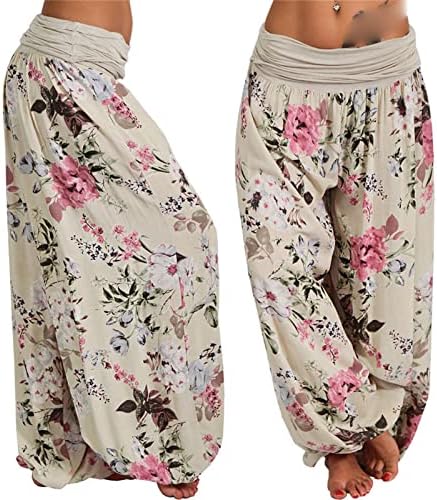 Calça feminina boho hippie de harém floral larga perna larga calça de praia de verão impressa calças de folga esvoaçante