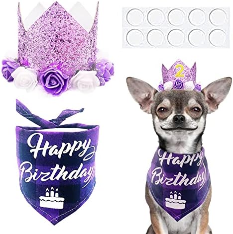 Pet Show Purple Crown Dog Birthday Party Hat com Bandana Set para Girls Reutilable Party Supplies Cat Kitten Head Band