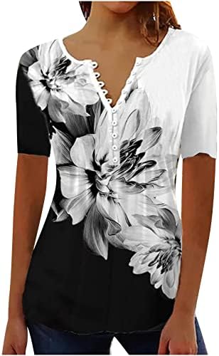 lcepcy feminino elegante camiseta v Botão de pescoço camisetas ruched Blush de manga curta de manga curta 2023 Tops de túnica