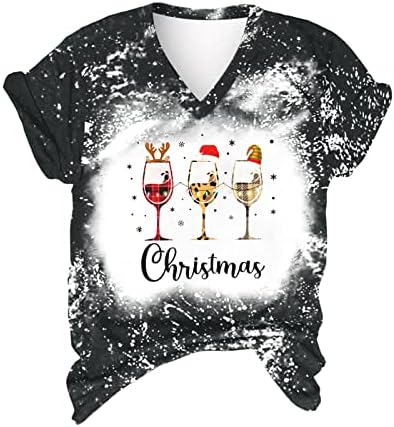 Camisas de Natal para mulheres Roupas Fashion Fashion 2022 Plaid Wine Glass Tiry Tye Tye Manga curta V Camiseta de férias no pescoço