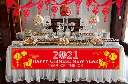XJF Banner de Ano Novo Chinês, 2021 Ano das Decorações do Partido Ox, Banner de Ano Novo e Garland Lanterna de Luck