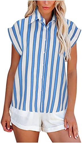 Womens Stripes Button Down Camisetas, Classic-Fit Sleeve Sleeve Bloups Fashion Moda Tops de camiseta listrada de dente