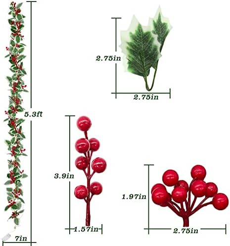 Red Berry Garland Decoração de Natal com 20 LEDs - Garland verde artificial de 5,3 pés para xms de lareira de lareira de
