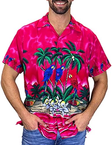 Funky Hawaiian Shirt Men Shortsleeve Frontpocket Flores de papagaio de estampa havaiana