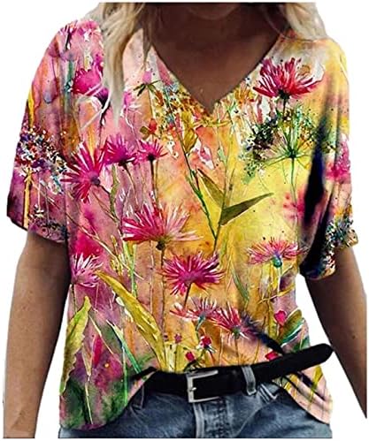 Tops femininos casuais manga curta V camisetas de pescoço tops coloridos tingem de corda colorida tee tenda de blusas
