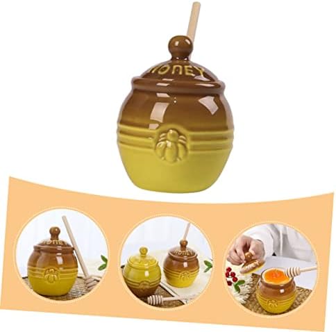Homoyoyo Cerâmica Mel Jar recipientes com tampas de mel prato de mel jarra de armazenamento mini chá caddy madeira mel recipiente cerâmica
