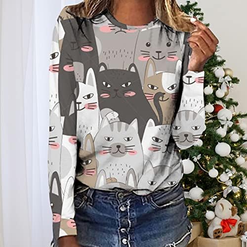 Tampas impressas de gato para mulheres mangas compridas camisetas camisetas leves leves leves de pullover casual camisetas de