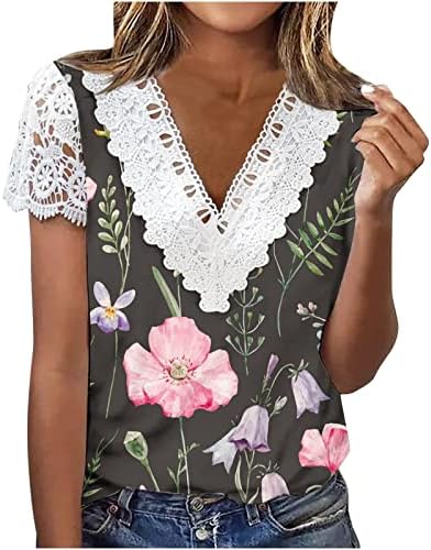 Camisetas da moda para mulheres crochê de crochê V Blusa do pescoço Floral Print Cutout Tees de manga curta Summer